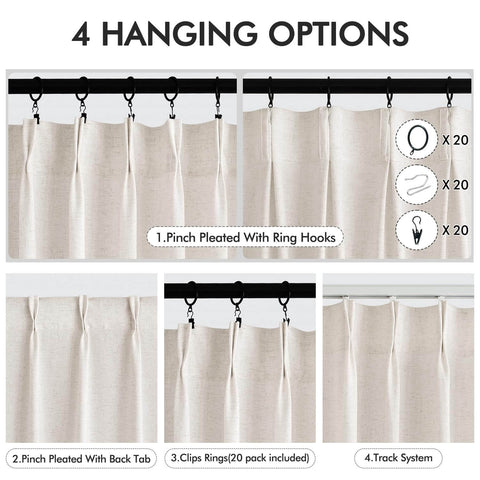 Pinch Pleated Linen Sheer Curtains 102 Inch Long, Two Panel Set With Ring Hooks And Clips For Track System shown in 4 hanging options