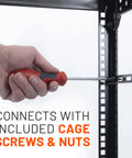 Hand using screwdriver on rack showing Rack Cable Management Kit With 1U Tie Bars, 24 Zip Ties, 8 Cage Nuts And 8 Screws