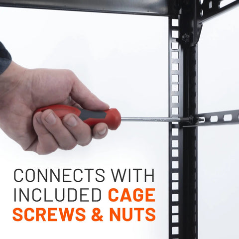 Hand using screwdriver on rack showing Rack Cable Management Kit With 1U Tie Bars, 24 Zip Ties, 8 Cage Nuts And 8 Screws
