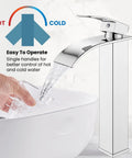 Waterfall Tall Bathroom Faucet 1 Hole Single Handle Vessel Sink Mixer Tap Stainless Steel With cUPC Hoses Modern Lavatory Chrome Faucet No Splash Sleek Modern Design For Minimalist Bathrooms
