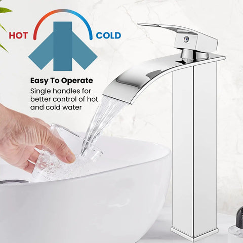 Waterfall Tall Bathroom Faucet 1 Hole Single Handle Vessel Sink Mixer Tap Stainless Steel With cUPC Hoses Modern Lavatory Chrome Faucet No Splash Sleek Modern Design For Minimalist Bathrooms