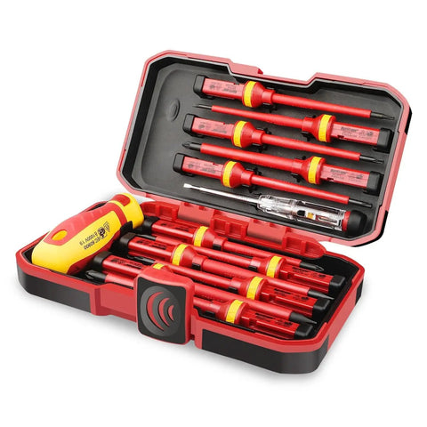 1000V Insulated Electrician Screwdriver Set, 13-Piece Pro Grade Magnetic Chrome-Vanadium Steel With Slotted, Phillips, Pozidriv And Torx Bits, Includes Electroprobe And Removable Handle, VDE And GS Certified For Safe Electrical Work