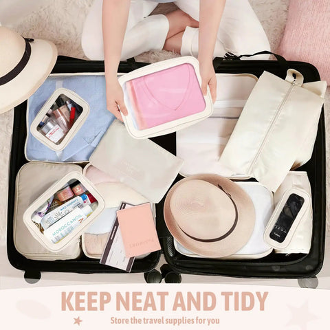 Five Piece Diaper Bag Organizer Set With Clear Waterproof Pouches, TSA Approved Toiletry Bags in open suitcase