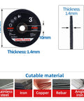 Three Inch Cutting Wheels For Metal And Stainless Steel Pro Grade Ultra Thin 0.055 Inch Flat Cut Off Discs For Fast Burr Free Cuts 10mm Arbor Fits 3 Inch Grinders Five Pack, showing wheel dimensions and cutable materials including stainless steel, iron, copper, rebar, and angle iron.
