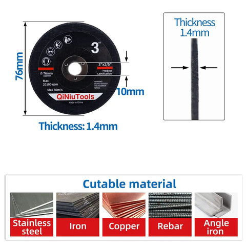 Three Inch Cutting Wheels For Metal And Stainless Steel Pro Grade Ultra Thin 0.055 Inch Flat Cut Off Discs For Fast Burr Free Cuts 10mm Arbor Fits 3 Inch Grinders Five Pack, showing wheel dimensions and cutable materials including stainless steel, iron, copper, rebar, and angle iron.