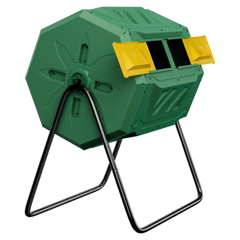 43 Gallon Dual Chamber Compost Tumbler For Easy Outdoor Garden Composting With Sliding Door Rotating Bin Tumbling Composter in green