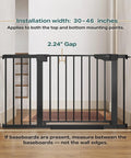 Auto Close Baby Gate For Stairs And Doorways With Easy Install Pressure Mounted Design Walk Through One Hand Operation Perfect For Pets And Little Ones In Black, shown blocking stairs, 30-46 inches wide.