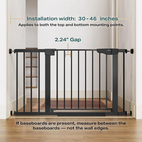 Auto Close Baby Gate For Stairs And Doorways With Easy Install Pressure Mounted Design Walk Through One Hand Operation Perfect For Pets And Little Ones In Black, shown blocking stairs, 30-46 inches wide.
