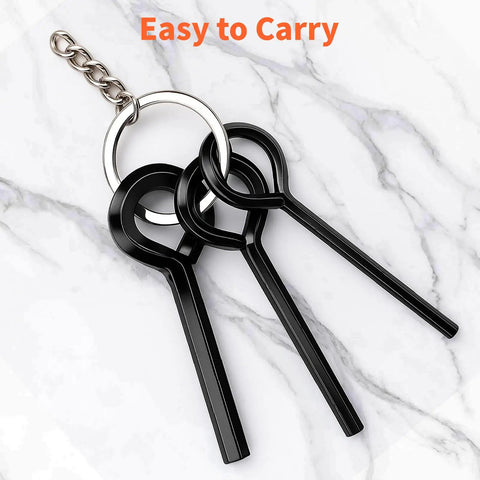 8 Piece Allen Wrench Keychain Set with black metal hex keys and key rings on marble surface, "Easy to Carry"