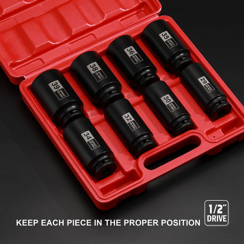 Eight-Piece Half Inch Drive Deep Socket Set For Axle Nuts, 12-Point Metric Cr-Mo Sockets in red case, sizes 29mm-39mm