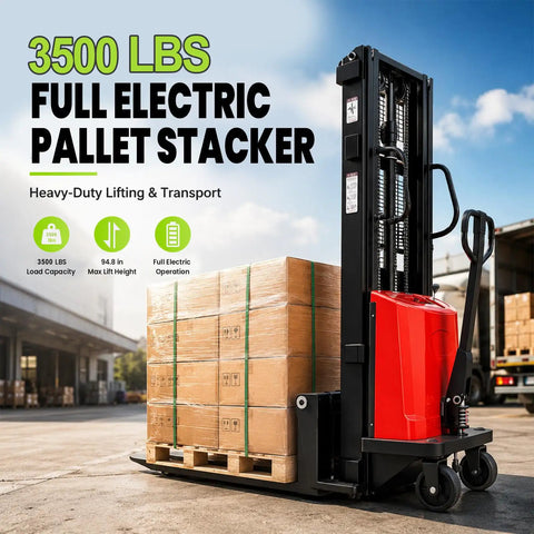 Heavy Duty 3500 Lbs Full Electric Pallet Stacker With Massive 98 Inch Lift Height For High Shelves And Powerful Walkie Control System with pallets.