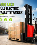 Heavy Duty 3500 Lbs Electric Pallet Stacker with stacked boxes on pallet, highlighting 94.8-inch lift height and red power unit.