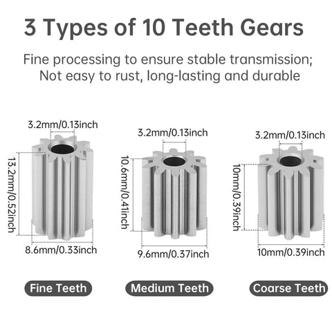 3 types of 10-teeth gears for 24V High Speed DC Ride On Car Motor Upgrade with size specifications shown.