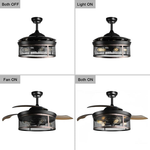 Old School 42 Inch Vintage Caged Industrial Ceiling Fan With Lights Remote Control Low Profile Retractable Blades Flush Mount