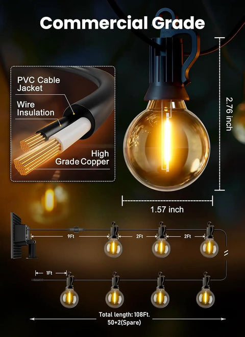 Commercial-grade 108 Feet Solar String Lights Outdoor With Remote And USB Port Dimmable Timable Three Modes Shatterproof Bulbs