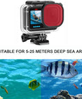 60M Underwater Waterproof Case for GoPro Hero 13 12 11 10 9 Black with 3 Pack Filter Floating Monopod Hand Grip Selfie Stick Dive Ready Protective Accessory for Action Cameras, shown above underwater scene with fish.