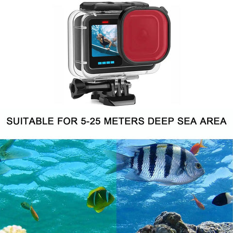 60M Underwater Waterproof Case for GoPro Hero 13 12 11 10 9 Black with 3 Pack Filter Floating Monopod Hand Grip Selfie Stick Dive Ready Protective Accessory for Action Cameras, shown above underwater scene with fish.