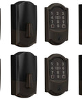 Rock Solid Keyless Entry Deadbolt With Built-In Wi-Fi Right For Your Front Door Hassle-Free Install and App Control Plays Nice With Alexa and Apple HomeKit Lets You Pop Open Via Apple Watch Top Shelf Aged Bronze Finish Pack of Four, showcasing multiple angles of smart deadbolts with keypad.
