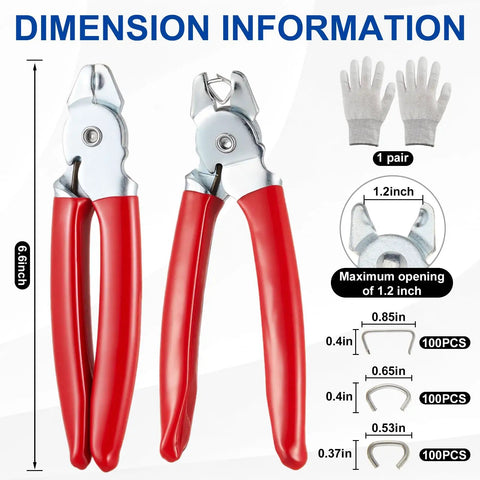 Hog Ring Pliers Kit With 300 Galvanized Rings, Pro Grade Straight And 45 Degree Bent Pliers, Red Set With Gloves, dimensions shown