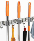 Stainless Steel Broom And Mop Wall Mount Organizer With Three Racks And Four Hooks Heavy Duty Space Saver Easy Install