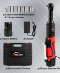 Extended 18V Cordless Ratchet Wrench Kit With Three Eighths Inch Drive, 450 RPM, Sixty Foot Pounds Torque, toolkit displayed