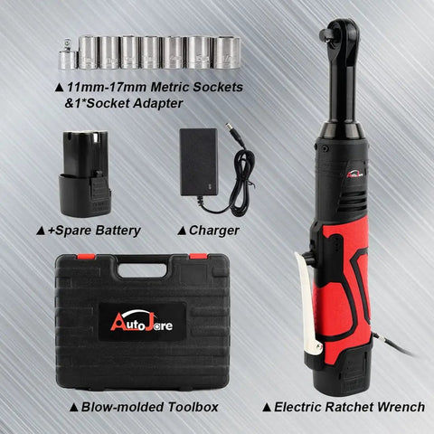 Extended 18V Cordless Ratchet Wrench Kit With Three Eighths Inch Drive, 450 RPM, Sixty Foot Pounds Torque, toolkit displayed