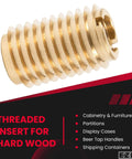 Knife Threaded Wood Insert With Brass Threads, 1/4-20 Internal Threads, 0.75 Inch Length, shown for hard-wood furniture use.