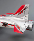 Tail view of red and silver Habu STS 70mm EDF Jet RC Airplane Ready To Fly With SAFE Technology Smart Trainer For Easy Slow Speed Handling Not Included Battery And Charger Learn To Fly Great For Beginners And Sport Flyers Alike.