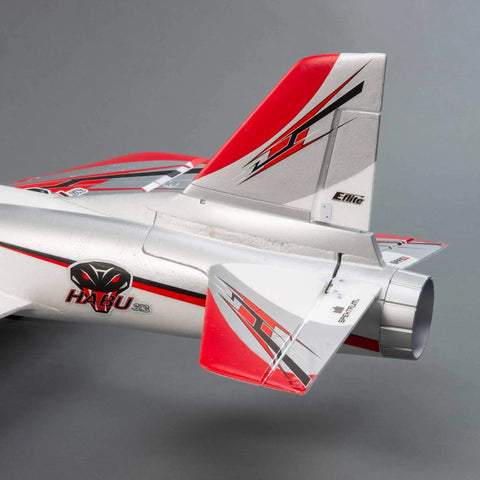 Tail view of red and silver Habu STS 70mm EDF Jet RC Airplane Ready To Fly With SAFE Technology Smart Trainer For Easy Slow Speed Handling Not Included Battery And Charger Learn To Fly Great For Beginners And Sport Flyers Alike.