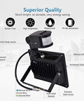 JUDYSSY Solar Flood Lights 20W Warm White Led Spotlight with Motion showing advanced heatsink and human body sensor.