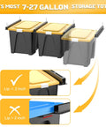 Garage Ceiling Tote Storage Rails Heavy Duty Overhead Bin Rack Adjustable Tote Slide System 4 Pack For 3 Bins Bins Not Included showing fitting instructions for various tote sizes.