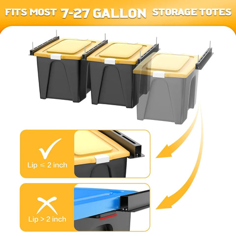 Garage Ceiling Tote Storage Rails Heavy Duty Overhead Bin Rack Adjustable Tote Slide System 4 Pack For 3 Bins Bins Not Included showing fitting instructions for various tote sizes.