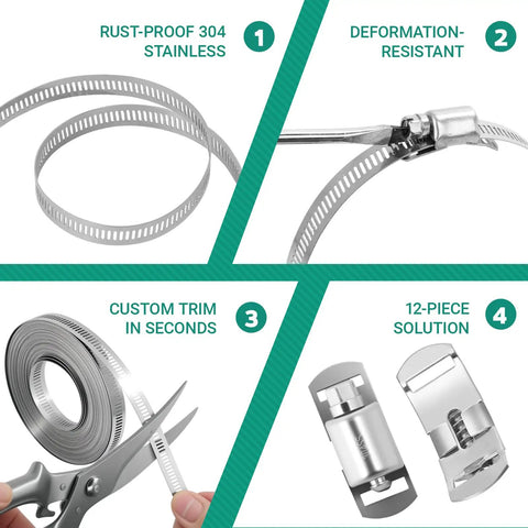 Beefy Heavy Duty 304 Stainless Steel Hose Clamp Band Kit Cut To Fit DIY Length 32.81 Ft With 12 Fasteners Large Adjustable Clamp