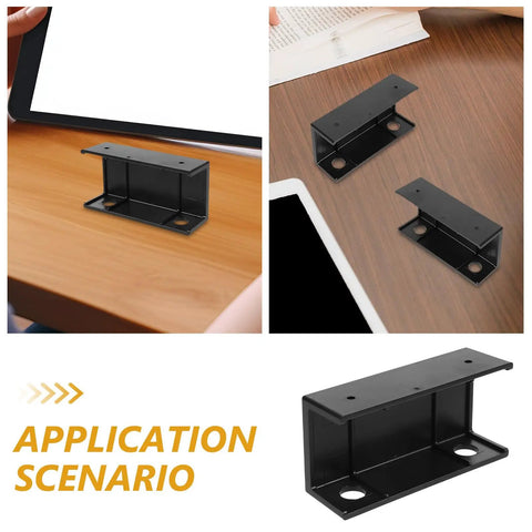 Slick Under Desk Laptop Mount With Adjustable Angle Plastic Shelf To Free Up Your Daily Desk Space Clean Keyboard Stand showing black plastic holder.
