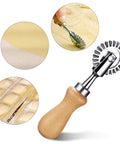 Pasta cutter wheel with wooden handle and stainless steel serrated wheel; 1.3-inch diameter for ravioli and pizza.