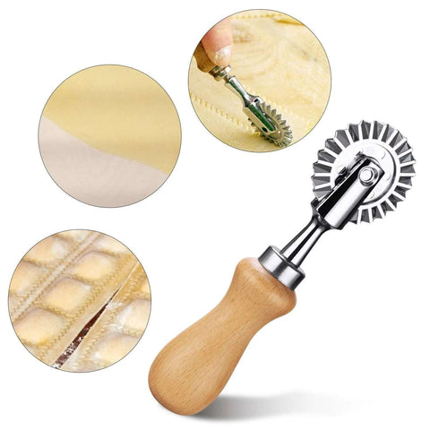 Pasta cutter wheel with wooden handle and stainless steel serrated wheel; 1.3-inch diameter for ravioli and pizza.