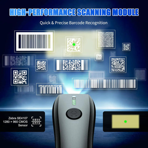 Bluetooth 2D QR Code Scanner With Zebra Scan Engine scanning various barcodes with high-performance module display