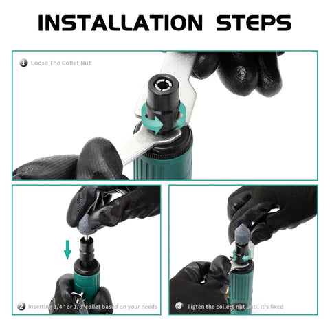 Installation steps for Straight Shooter Air Die Grinder Kit, showing collet nut and 1/4 or 1/8 collet insertion.