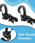 Three Pack Scuba Dive Hose Clips With Snap Hook Buckles For Snorkeling And Gear Setup Heavy Duty 304 Stainless Steel Arm Holds Up To Two Hoses Black, showing 360° flexible rotation feature.