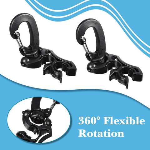 Three Pack Scuba Dive Hose Clips With Snap Hook Buckles For Snorkeling And Gear Setup Heavy Duty 304 Stainless Steel Arm Holds Up To Two Hoses Black, showing 360° flexible rotation feature.