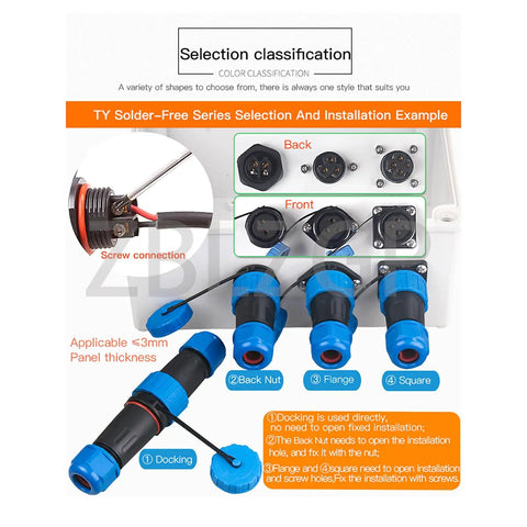 Diagram of TY20 2 Pin Waterproof Solder Free Screw Connection Panel Mount Cable Plug Socket types and uses for outdoor solar power.