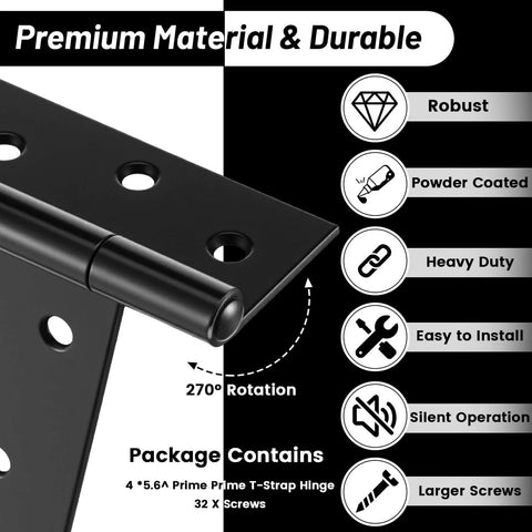 4 Pack 6 Inch T Strap Hinges Heavy Duty Black Outdoor Tee Hinges For Doors Gates Sheds Barn Doors Fences Includes 32 Screws