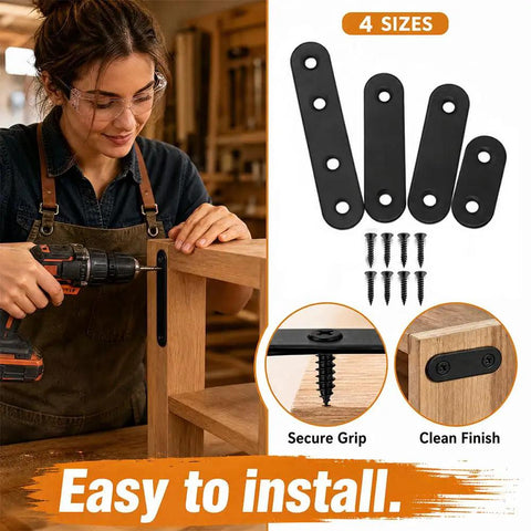 Person using drill with Heavy Duty Stainless Steel Straight Bracket Kit, 4 sizes, for wood repair, furniture, cabinets, DIY projects.