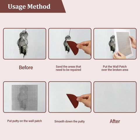 Usage instructions for Essential 25 Piece Drywall Patch Repair Kit With 4, 6, 8, And 10 Inch Patches Plus Scrapers, Sandpapers, And Gloves