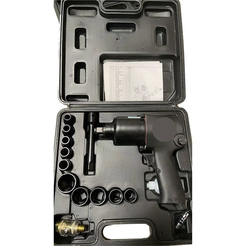 Mini Pneumatic Impact Wrench Loaded With Beast Mode Torque And Five Adjustable Levels Crushing 1300 To 2400 Nm For Blazing Fast Tire Swaps And Quick Motorcycle Repairs in black carrying case with included sockets.