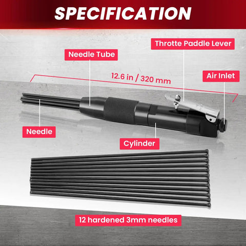 Compact Air Needle Scaler For Rust Removal With 12 Hardened Needles And 4000 BPM Power, tool parts labeled with specifications