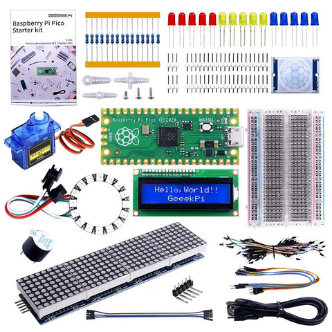 Raspberry Pi Pico Starter Kit with Breadboard I2C 1602 LCD Display Module and 9g Micro Servo for hands-on projects.