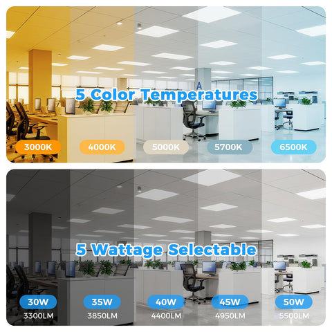Color and wattage options for 4 Pack 2x2 LED Flat Panel Light With 5500 Lumens 0 to 10V Dimmable And 30W 35W 40W 45W 50W Selectable