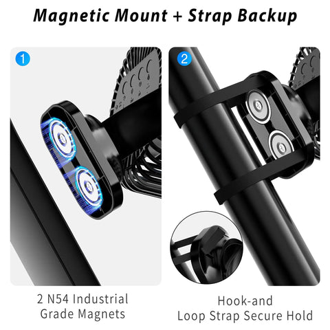 Magnetic Golf Cart Fan With Mist And Light 12000mAh Power Bank Rechargeable Portable Fan showing magnetic and strap mount features.