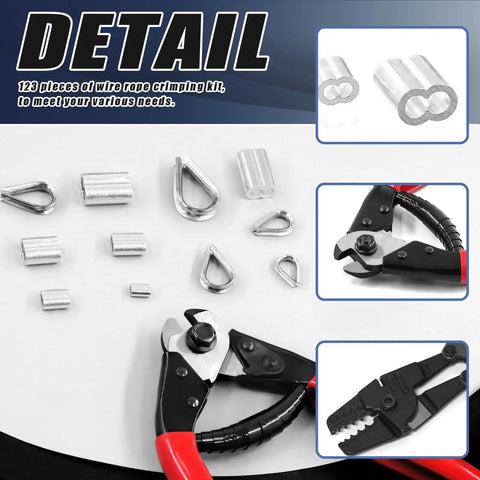 Pro Grade 123 Piece Wire Rope Kit With 24 Inch Crimping Tool 8 Inch Cable Cutter Aluminum Loop Sleeves Stainless Steel Cable Thimbles